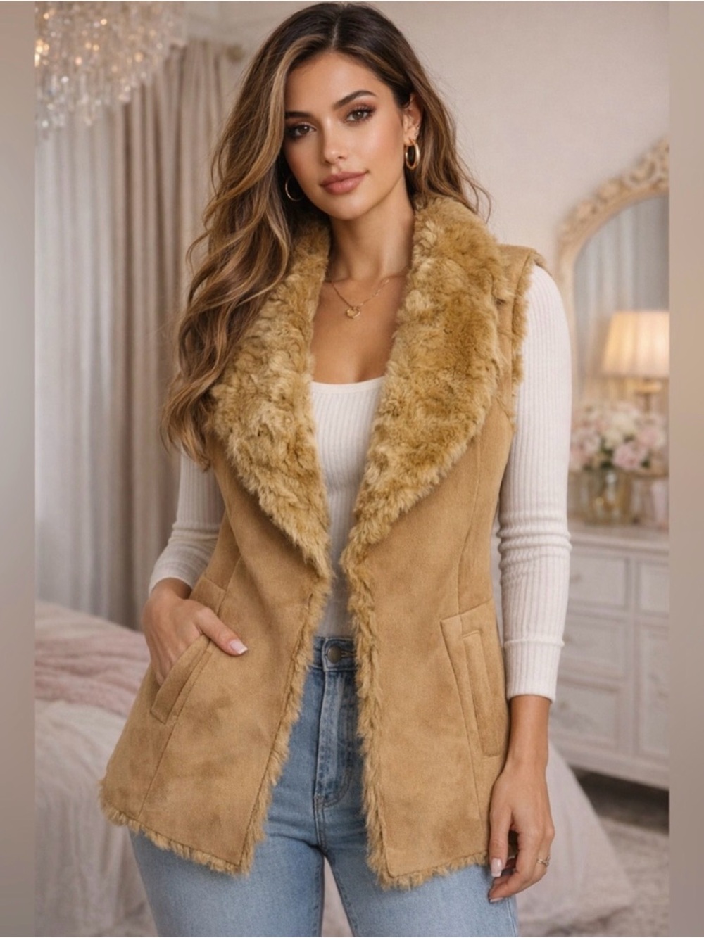 White House Black Market Faux-Fur/Suede Vest Taupe XL